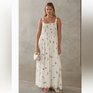 sancia bambia white floral embroidered a-line shirred bodice maxi dress small